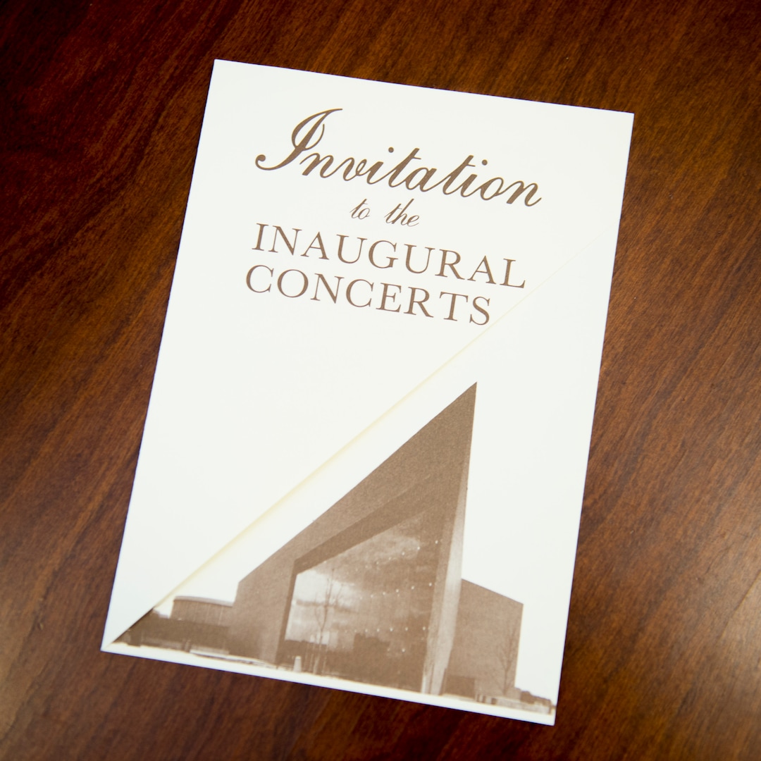 (photo courtesy of Utah Symphony) An invitation to the inaugural performances of the Utah Symphony in the newly constructed Symphony Hall. The performances were Sept. 14 and 15, 1979.