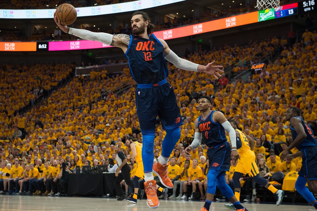 (Scott Sommerdorf | The Salt Lake Tribune)Oklahoma City Thunder center Steven Adams (12) grabs an easy rebound during first quarter play. The Thunder led the Jazz 22-18 at the end of the 1st quarter during Game 6 of the first round playoff game, Friday, April 27, 2018.