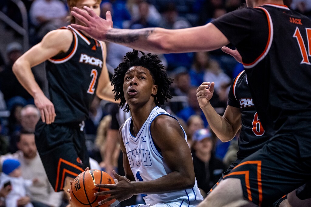 (Trent Nelson  |  The Salt Lake Tribune) BYU Cougars guard Robert Wright III (1) as BYU hosts Pacific, NCAA basketball in Provo on Tuesday, Dec. 16, 2025.