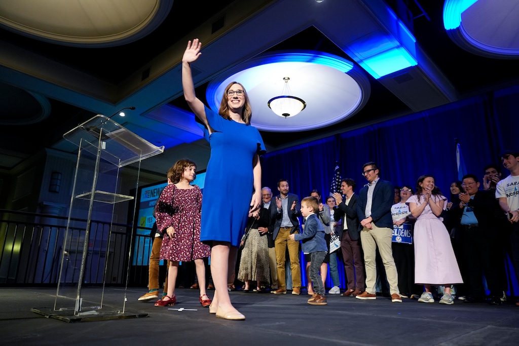 (Pamela Smith | AP) Sarah McBride, Democratic candidate for Delaware's at-large congressional district, waves at supporters during an election night watch party Tuesday, Nov. 5, 2024, in Wilmington, Del.