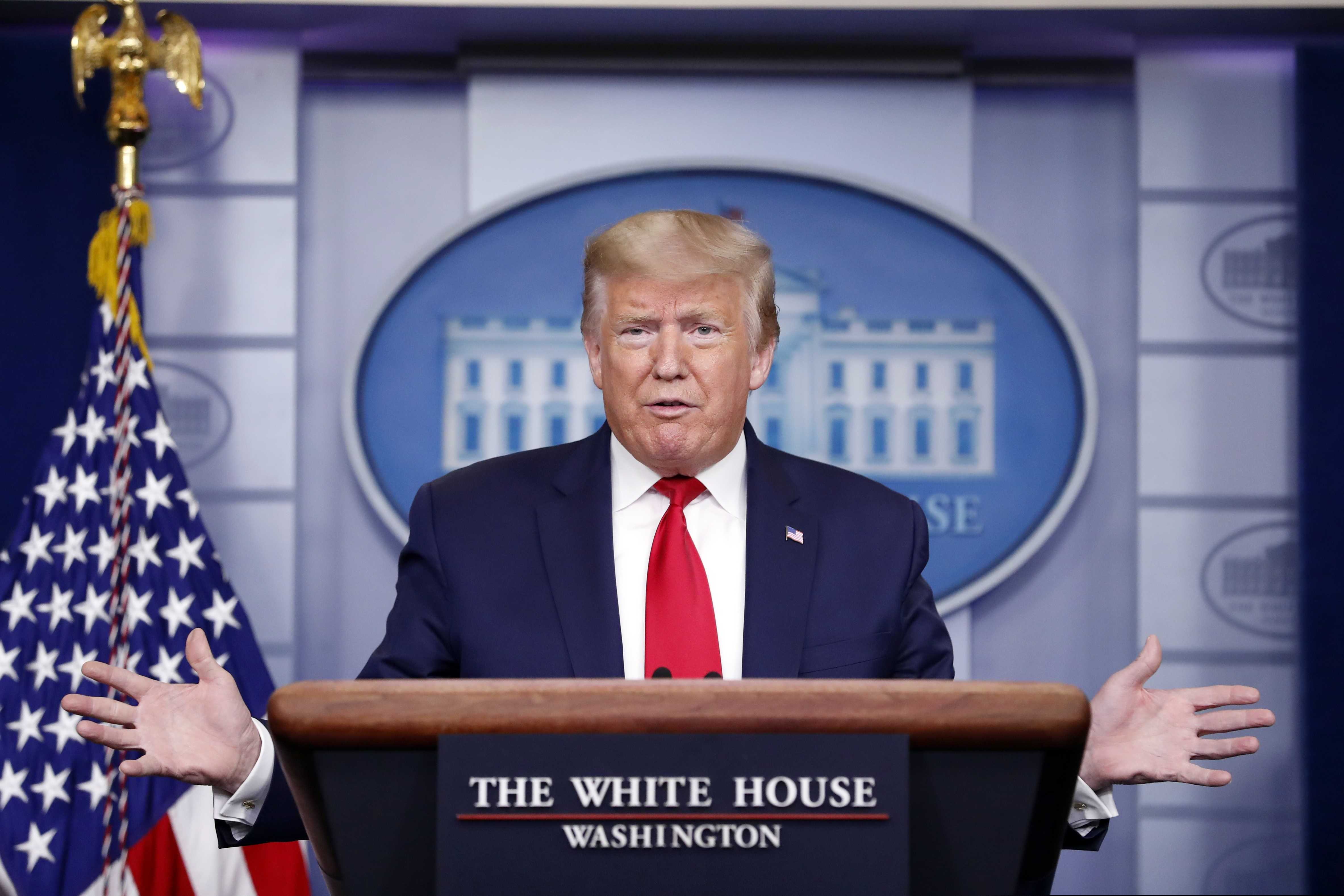 (Andrew Harnik | AP file photo) President Donald Trump speaks about the coronavirus in the James Brady Press Briefing Room of the White House, Thursday, April 9, 2020, in Washington.