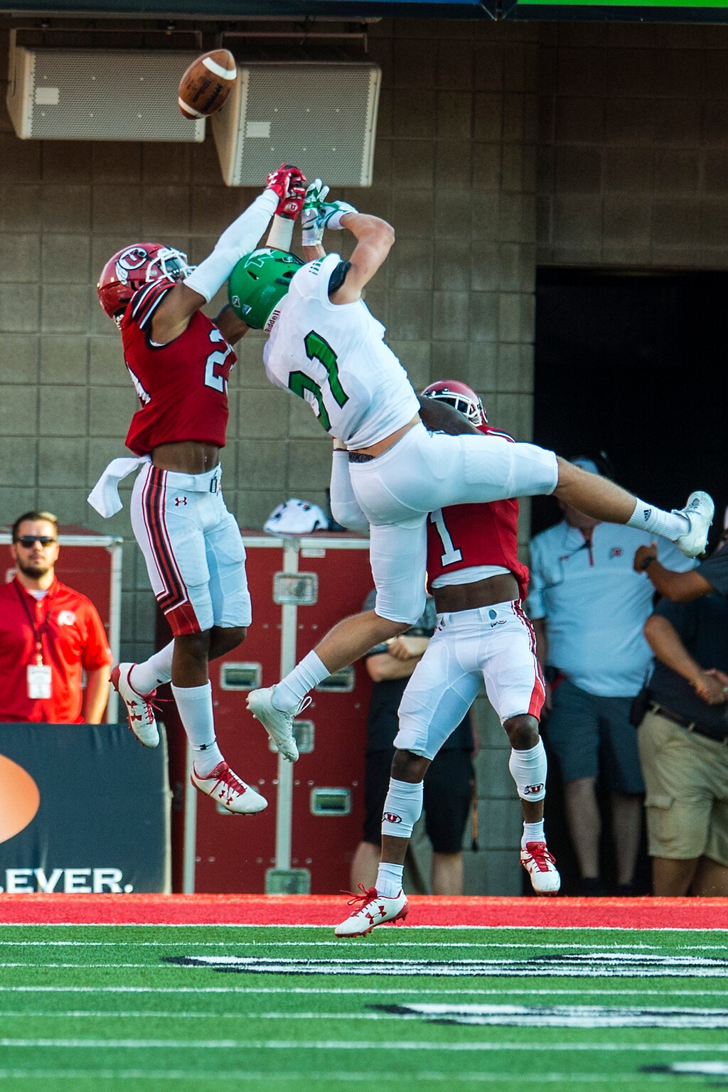 (Chris Detrick  |  The Salt Lake Tribune)  Utes defensive back Julian Blackmon (23) and Utah Utes defensive back Boobie Hobbs (1) defend North Dakota Fighting Hawks wide receiver Noah Wanzek (31) during the season opener at Rice-Eccles Stadium.