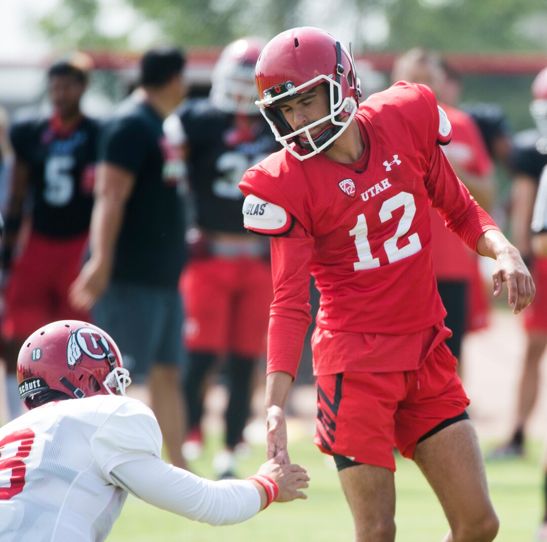 (Rick Egan  |  The Salt Lake Tribune)Utah kicker Chayden Johnston, responds after kicking a field goal, during practice, Monday, August 7, 2017.
