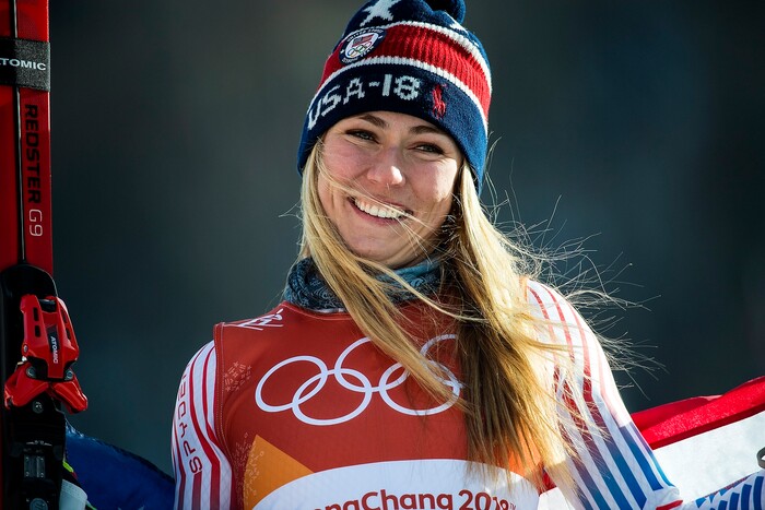 (Chris Detrick  |  The Salt Lake Tribune)  USA's Mikaela Shiffrin celebrates after winning gold in the Ladies' Giant Slalom at Yongpyong Alpine Centre during the Pyeongchang 2018 Winter Olympics Thursday, Feb. 15, 2018.  Shiffrin won the event with a time of 2:20.02.