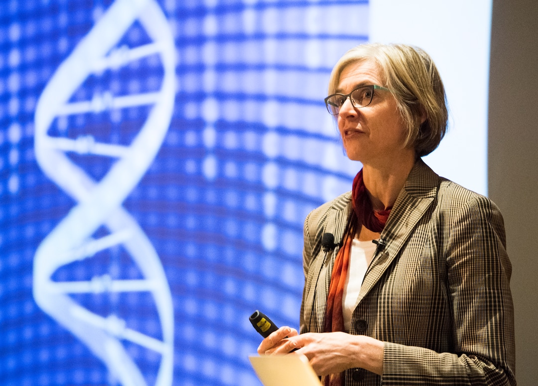 (Rick Egan  |  The Salt Lake Tribune)        UC Berkeley researcher Jennifer Doudna, gives a lecture on “Rewriting the Language of Life: The Biology, Technology and Ethics of DNA Editing."  at the Huntsman Cancer Institute, Thursday, March 22, 2018.