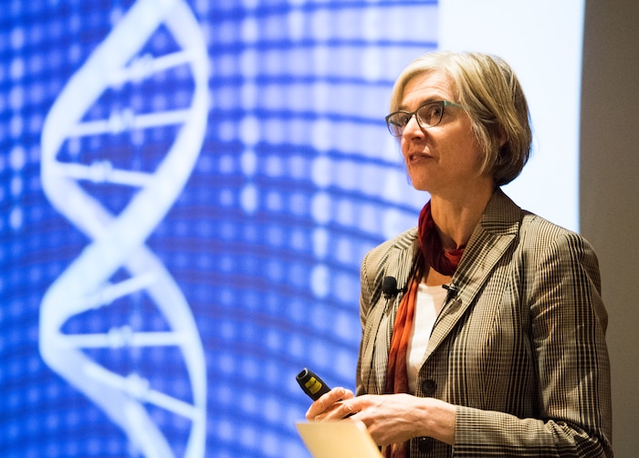 (Rick Egan  |  The Salt Lake Tribune)        UC Berkeley researcher Jennifer Doudna, gives a lecture on “Rewriting the Language of Life: The Biology, Technology and Ethics of DNA Editing."  at the Huntsman Cancer Institute, Thursday, March 22, 2018.



