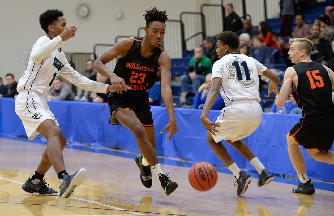 (Francisco Kjolseth  |  The Salt Lake Tribune)  Leonard Colimerio of Wasatch Academy pushes through the defense of South County High during a recent tournament at Orem High. The team is currently ranked No. 2 by MaxPreps. 