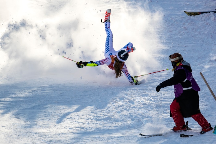 (Chris Detrick  |  The Salt Lake Tribune)  USA's Patricia Mangan crashes while competing in the Ladies' Giant Slalom at Yongpyong Alpine Centre during the Pyeongchang 2018 Winter Olympics Thursday, Feb. 15, 2018.  