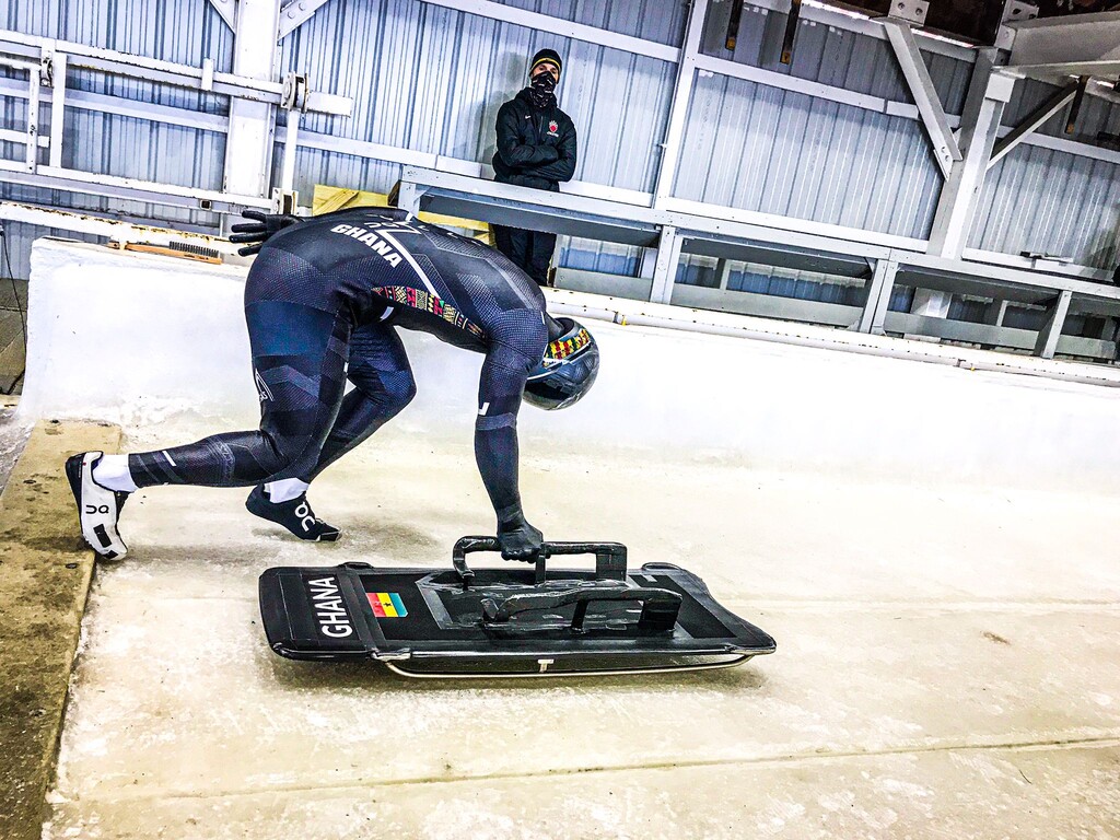 (Akwasi Frimpong) Akwasi Frimpong of Salt Lake City competes in an Intercontinental Cup competition in Lake Placid, N.Y., from Dec. 13-15, 2021. Frimpong was seeking a return to the Olympics in February before testing positive for COVID-19.