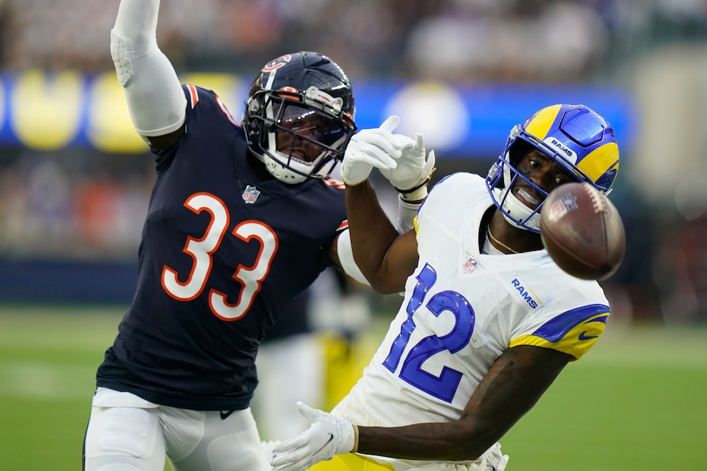 (Jae C. Hong | AP) Los Angeles Rams wide receiver Van Jefferson (12) can't hold on to a pass as Chicago Bears cornerback Jaylon Johnson defends during the first half of an NFL football game Sunday, Sept. 12, 2021, in Inglewood, Calif.