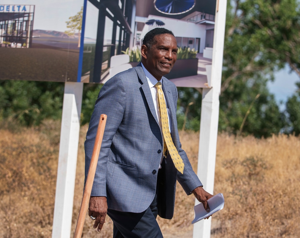 (Leah Hogsten | The Salt Lake Tribune) Utah Republican 4th District Rep. Burgess Owens spoke during Delta's groundbreaking ceremony, June 29, 2023, on a new pilot training center in Salt Lake City. Owens' reelection campaign is fundraising on the congressman's calls to impeach President Joe Biden.