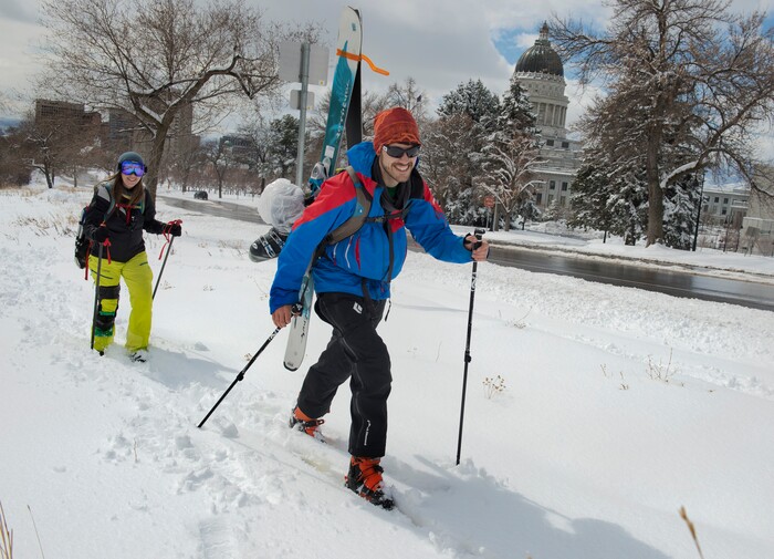 Scott Sommerdorf | The Salt Lake TribuneDylan Gregorsen and Sheri Bigelow cross country ski past the state capitol building in Salt Lake City after an overnight snowstorm, Sunday, March 4, 2018.