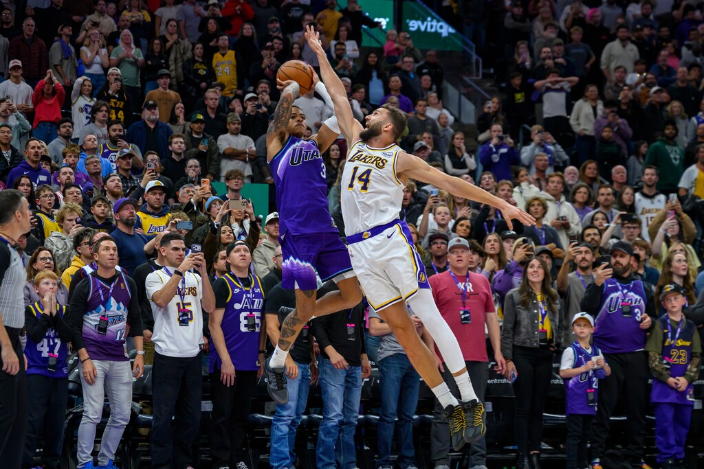 (Tyler Tate | AP) Utah Jazz guard Keyonte George (3) takes the final shot of the game defended by Los Angeles Lakers forward Maxi Kleber (14) as the Jazz attempted to tie the game and send to overtime during the second half of an NBA basketball game, Sunday, Nov. 23, 2025, in Salt Lake City.