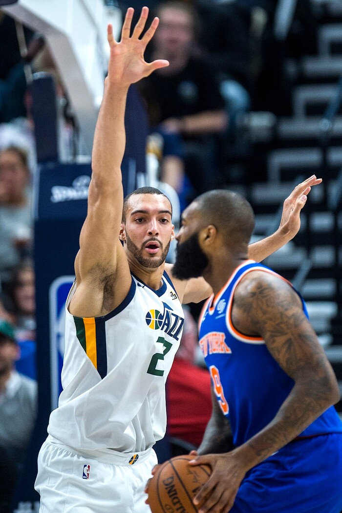 (Chris Detrick  |  The Salt Lake Tribune)  Utah Jazz center Rudy Gobert (27) guards New York Knicks center Kyle O'Quinn (9) during the game at Vivint Smart Home Arena Friday, January 19, 2018.  
