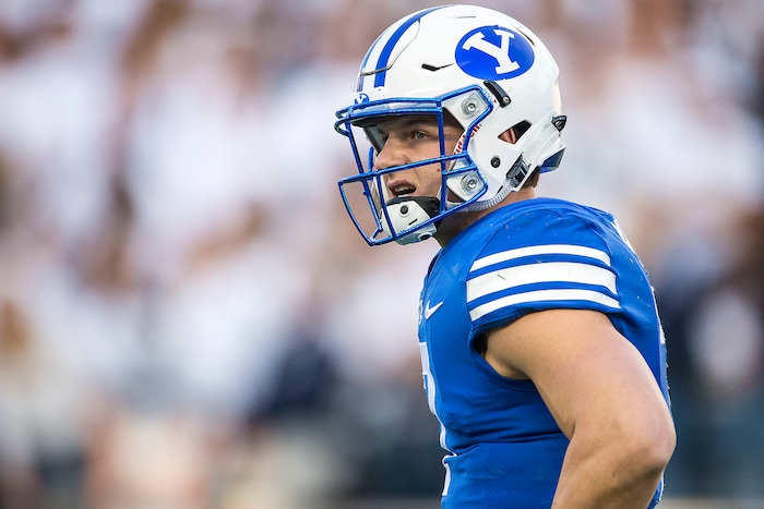 (Chris Detrick  |  The Salt Lake Tribune)  Brigham Young Cougars quarterback Beau Hoge (7) during the game at Merlin Olsen Field at Maverik Stadium Friday, September 29, 2017.
