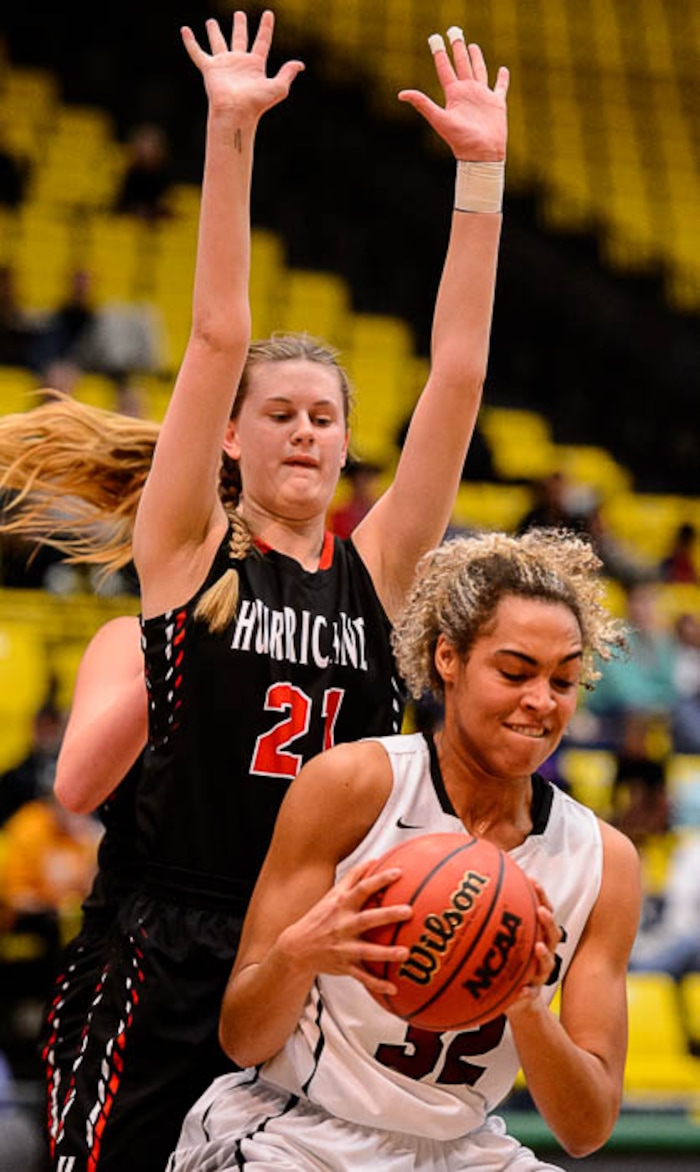 (Trent Nelson | The Salt Lake Tribune)
Hurricane vs. Mountain View, 4A State high school basketball tournament at Utah Valley University in Orem, Thursday March 1, 2018. Mountain View's Skye Lindsay (32) defended by Hurricane's Hailey Homer (21).