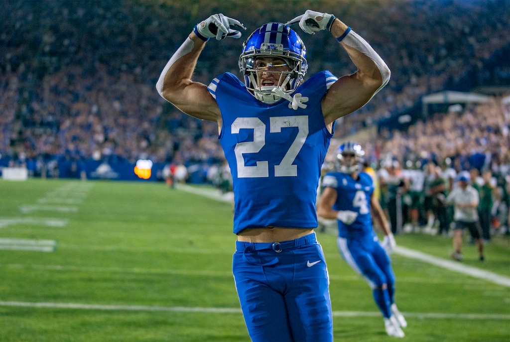 (Rick Egan | The Salt Lake Tribune)  Brigham Young wide receiver Chase Roberts (27) reacts after scoring a touchdown for the Cougars, in football action between the Brigham Young Cougars and the Baylor Bears at LaVell Edwards Stadium in Provo, on Saturday, Sept. 10, 2022.