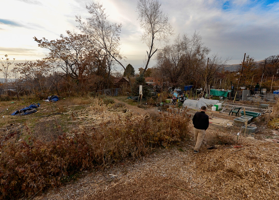 (Francisco Kjolseth  |  The Salt Lake Tribune)  Jeff Porucznik walks around the community garden where he and his family has grown fruits and vegetables for years. The Poruczniks grow on one of 42 plots at the garden, which has operated on church land for 43 years.
