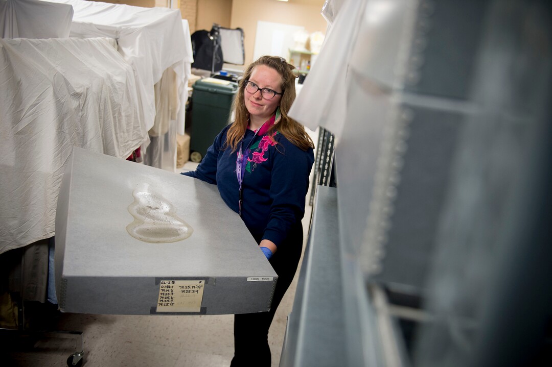 (Jeremy Harmon  |  The Salt Lake Tribune) Megan Weiss, an archive technician at the Utah State Archive, shows a water-damaged box in the basement of the Rio Grande Depot, home of the Utah state historical offices, on Feb. 15, 2018.