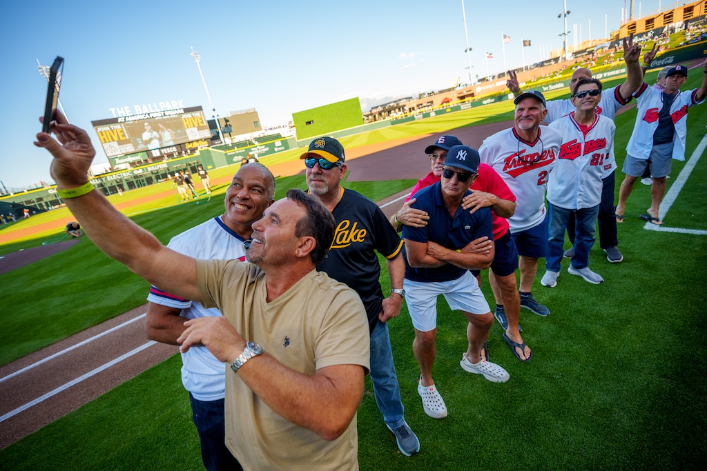 (Trent Nelson  |  The Salt Lake Tribune) Members of the 1987 Salt Lake Trappers are recognized before Friday night's Salt Lake Bees game in South Jordan on Friday, Aug. 8, 2025.