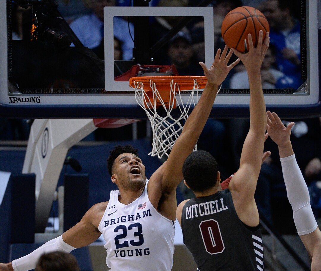 (Francisco Kjolseth  |  The Salt Lake Tribune) Brigham Young Cougars forward Yoeli Childs (23) puts the block on Santa Clara Broncos forward DJ Mitchell (0) in the first half as the Brigham Young Cougars host the Santa Clara Broncos at the Marriott Center in Provo, Thursday, Feb. 20, 2020.