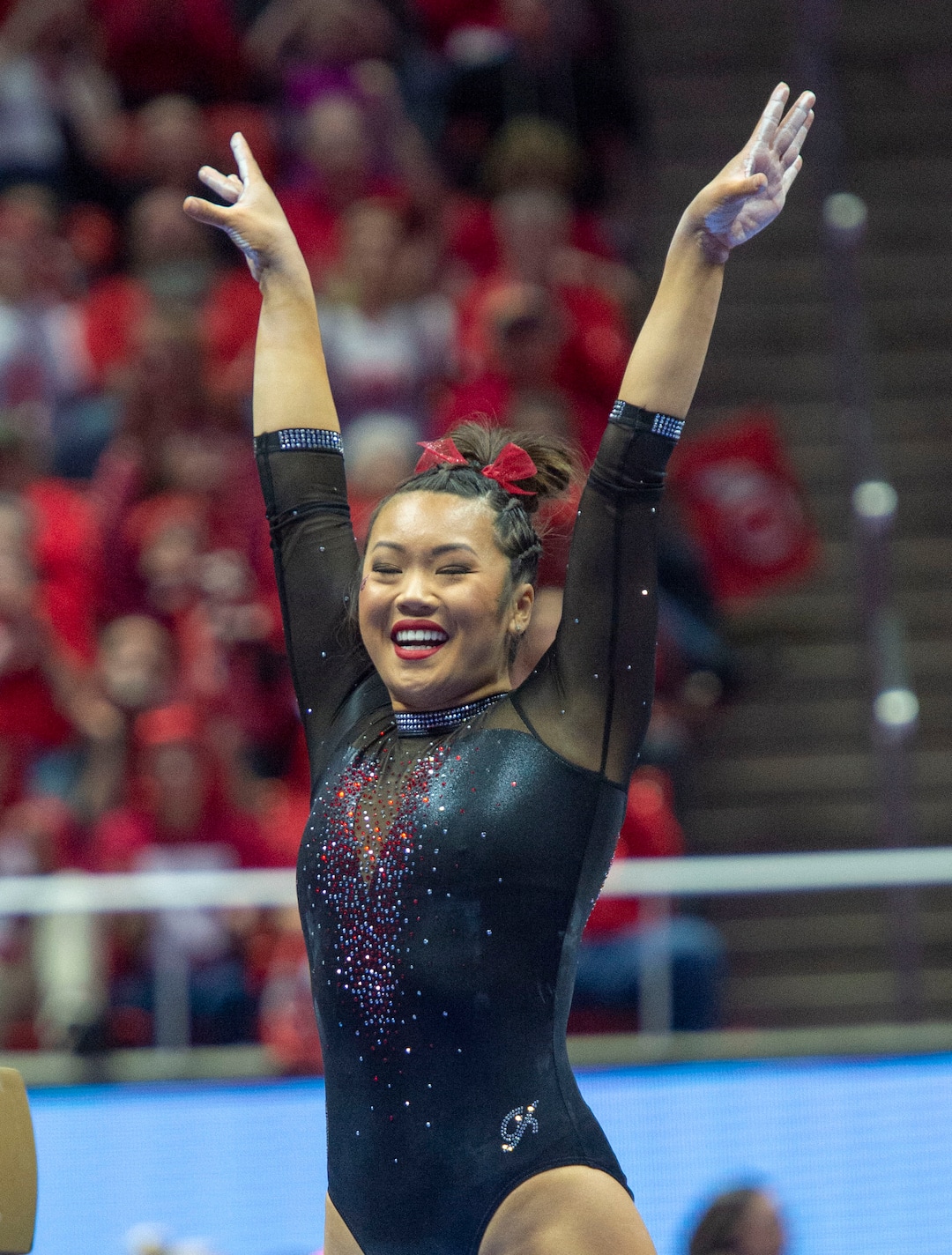 (Rick Egan  |  The Salt Lake Tribune)  The Kari Lee smiles after her routine on the balance beam, in PAC-12 gymnastics action between the UCLA Bruins and the University of Utah, at the Jon M. Huntsman Center, Saturday, Feb. 23, 2019.