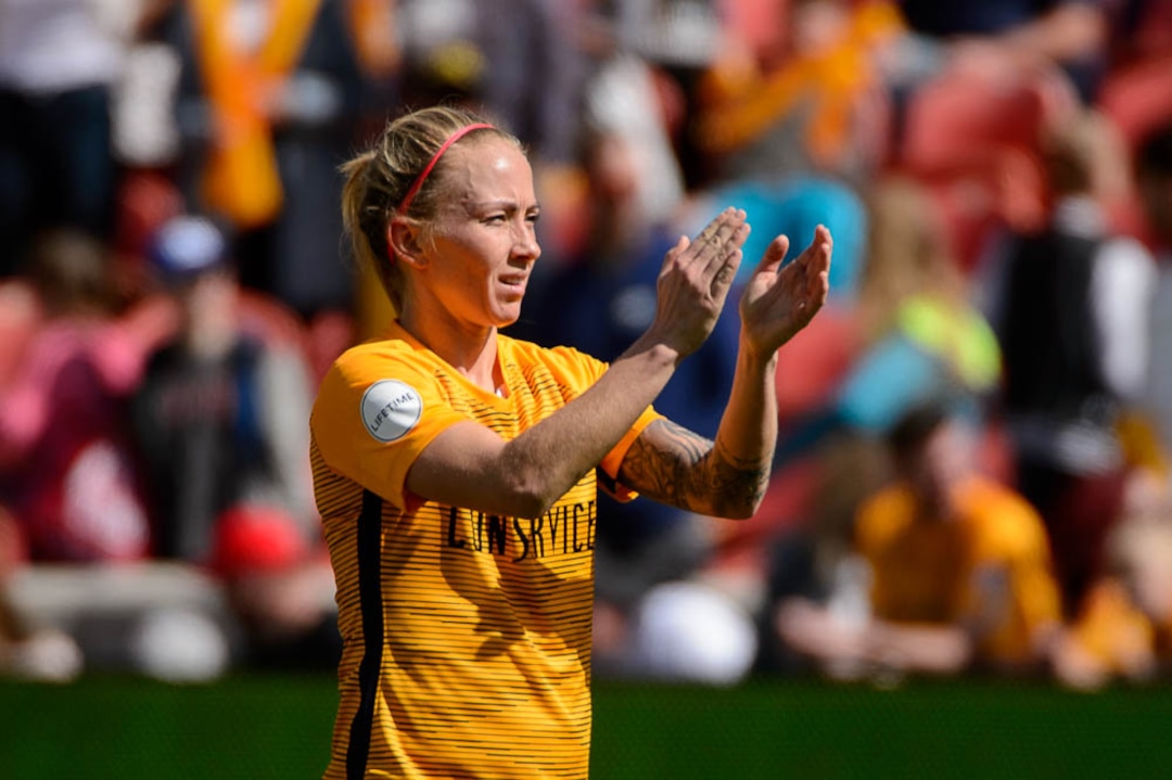 (Trent Nelson | The Salt Lake Tribune)  Utah Royals FC hosts the Chicago Red Stars, at Rio Tinto Stadium in Sandy, Saturday April 14, 2018. Utah Royals FC midfielder Gunnhildur Jónsdóttir (23) applauds fan after the loss.