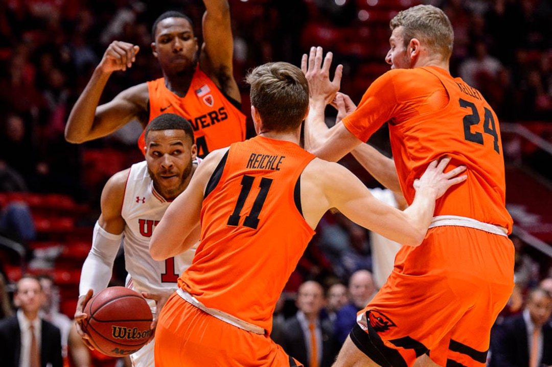 (Trent Nelson | The Salt Lake Tribune)  Utah Utes guard Charles Jones Jr (1) as Utah hosts Oregon State, NCAA basketball in Salt Lake City on Saturday Feb. 2, 2019.