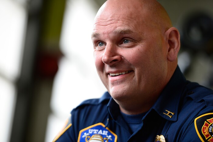 (Scott Sommerdorf | The Salt Lake Tribune)
Capt. Mike Stevens speaks during an interview at Fire Station 12 near the Salt Lake International Airport, Thursday, May 10, 2018.
Stevens was once suicidal, a reaction to accumulated traumas he had witnessed on the job. He's now pushing other first responders to consider their mental health.
