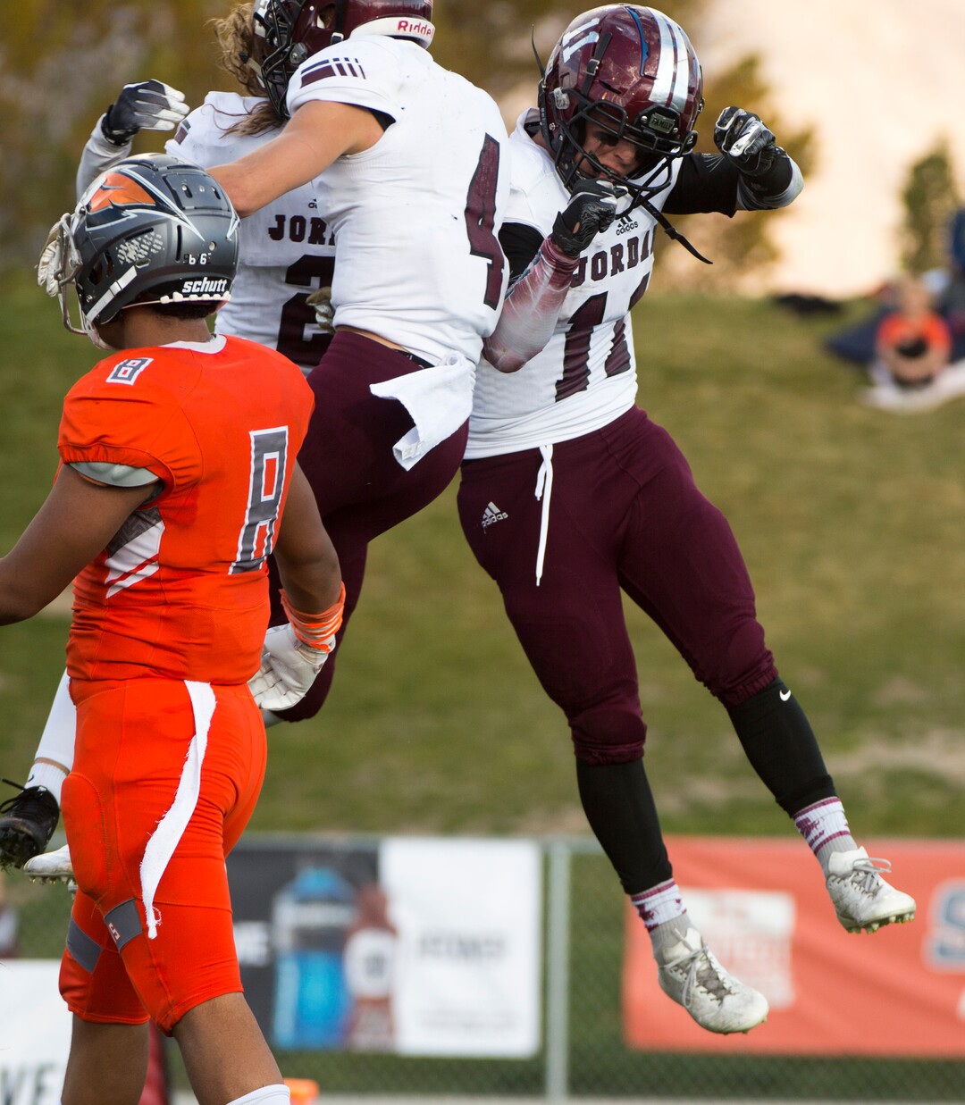 (Rick Egan  |  The Salt Lake Tribune)   Jordan running back Jake Shaver (11) celebrates after running for a touchdown, in prep 5A playoff action between Jordan High and Skyridge High, in Lehi, Friday, Nov. 2, 2018.