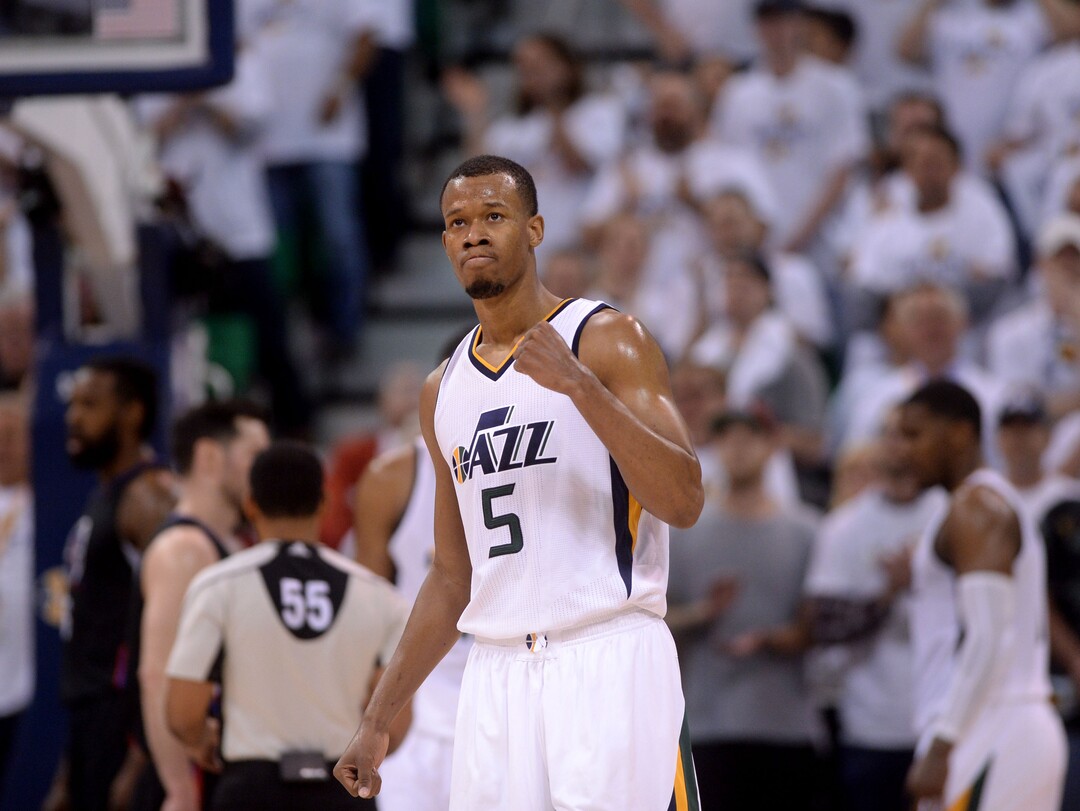 Steve Griffin  |  The Salt Lake TribuneUtah Jazz guard Rodney Hood (5) pumps his fist as the Jazz stormed back in the fourth quarter to defeat the Clippers in game 4 of the NBA playoff at Viviint Smart Home arena in Salt Lake City Sunday April 23, 2017.