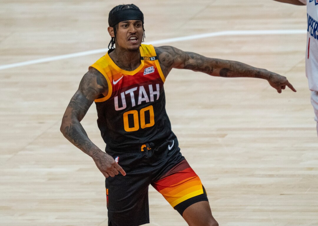 (Rick Egan | The Salt Lake Tribune) Utah Jazz guard Jordan Clarkson (00) reacts after a call by the official, in NBA action between the Utah Jazz and the LA Clippers, in game one in the second round of the NBA playoff series at Vivint Arena, on Tuesday, June 8, 2021.