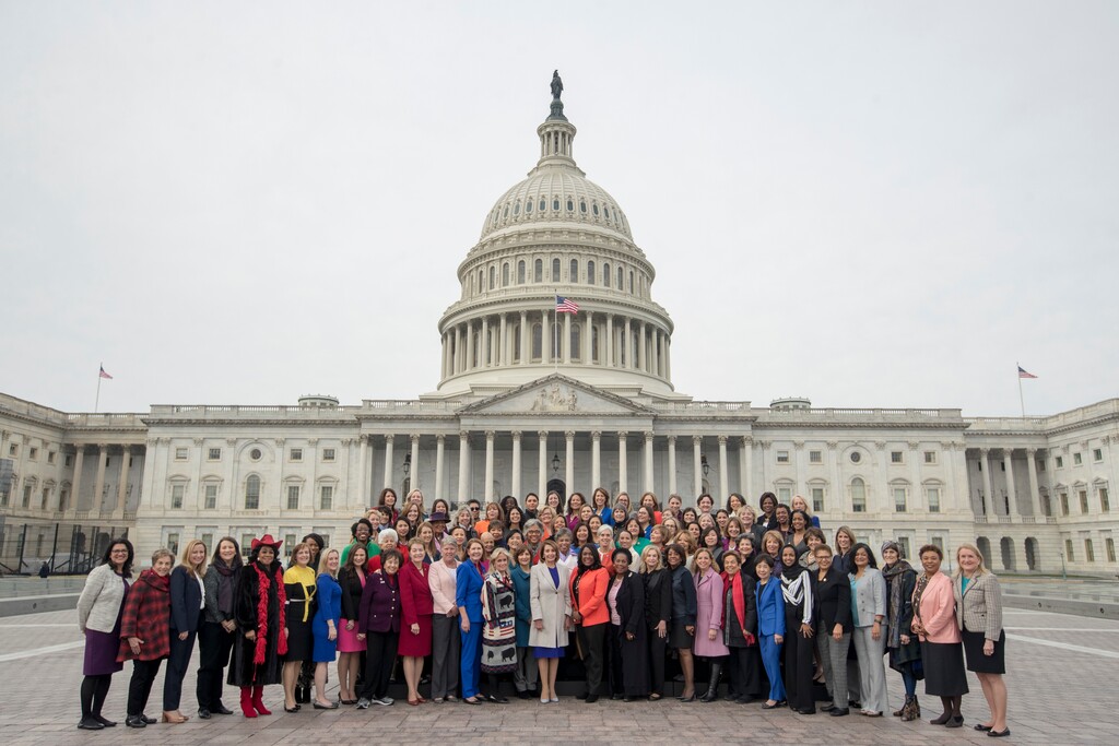 House Speaker Nancy Pelosi of Calif., center, poses with all House Democratic women members of the 116th Congress on the East Front Capitol Plaza on Capitol Hill in Washington, Friday, Jan. 4, 2019, as the 116th Congress begins. (AP Photo/Andrew Harnik)