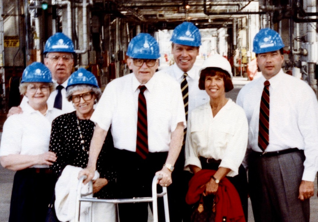 (Photo courtesy Elder Ronald A. Rasband) In this undated photo, Sister Barbara Ballard, Elder Russell M. Ballard, Sister Inis Hunter, President Howard W. Hunter, Jon and Karen Huntsman and Elder Ronald A. Rasband tour a Huntsman Chemical facility in Bayport, Texas.