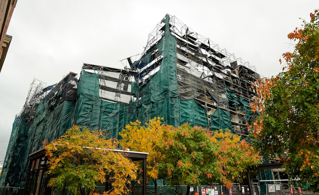 (Chris Samuels | The Salt Lake Tribune) Burnt scaffolding remain after a fire and collapse of a new construction of apartment residences in Sugar House, Wednesday, Oct. 26, 2022.