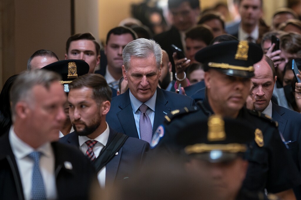 (J. Scott Applewhite | AP) Rep. Kevin McCarthy, R-Calif., leaves the House floor after being ousted as Speaker of the House at the Capitol in Washington, Tuesday, Oct. 3, 2023.
