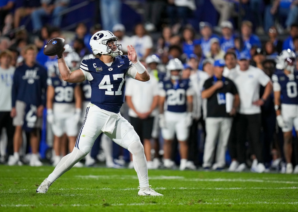 (Bethany Baker  |  The Salt Lake Tribune) BYU Cougars quarterback Bear Bachmeier (47) throws the ball during the game between the BYU Cougars and the Iowa State Cyclones in Provo on Friday, Oct. 9, 2026.