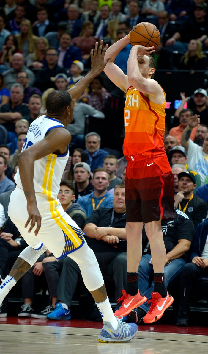 (Steve Griffin  |  The Salt Lake Tribune) Utah Jazz forward Joe Ingles (2) nails a three-pointer during the Utah Jazz versus Golden State Warriors at Vivint Smart Home Arena in Salt Lake City Tuesday January 30, 2018.