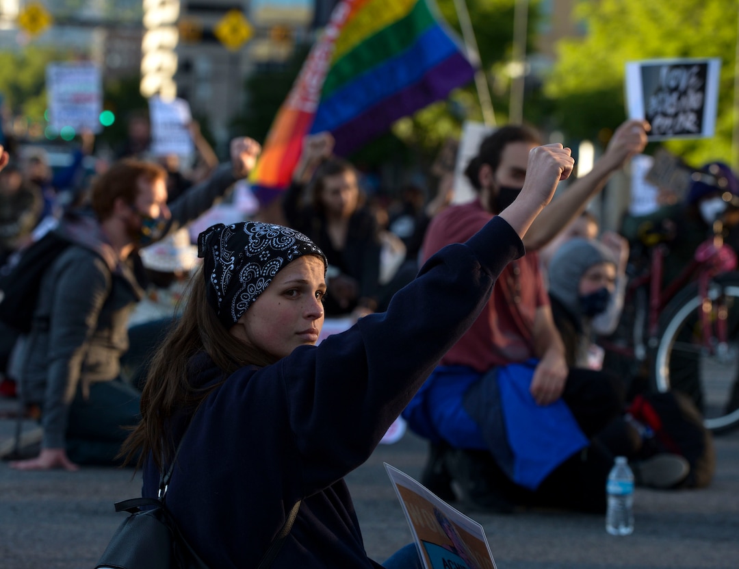 (Leah Hogsten  |  The Salt Lake Tribune) Demonstrators marched from the Utah Capitol down State Street, stopping at every intersection for five minutes in honor of George Floyd, June 8, 2020.