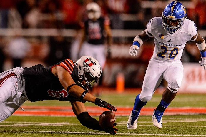 (Trent Nelson | The Salt Lake Tribune) Utah's Bradlee Anae chases down a fumble as the Utah Utes host the San Jose State Spartans, NCAA football at Rice-Eccles Stadium in Salt Lake City, Saturday September 16, 2017.