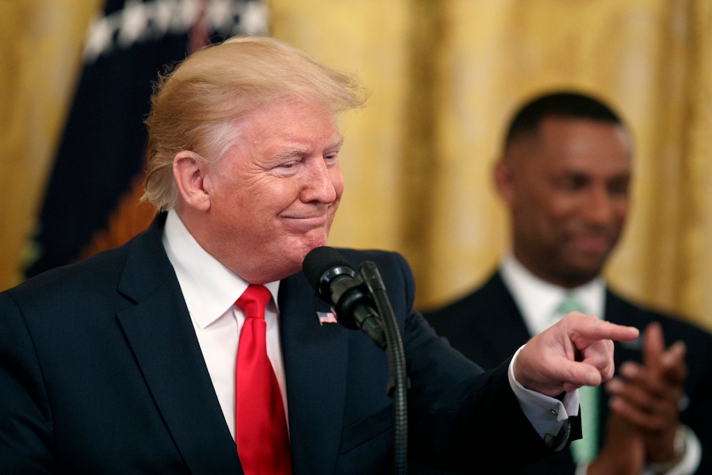 President Donald Trump gestures into the audience as he speaks about second chance hiring in the East Room of the White House, Thursday June 13, 2019, in Washington. (AP Photo/Jacquelyn Martin)