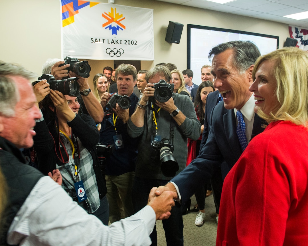 (Rick Egan  |  The Salt Lake Tribune)   Mitt and Ann Romney leaves the Romney headquarters after Mitt gave his victory speech, in Orem, on election night, Tuesday, Nov. 6, 2018.