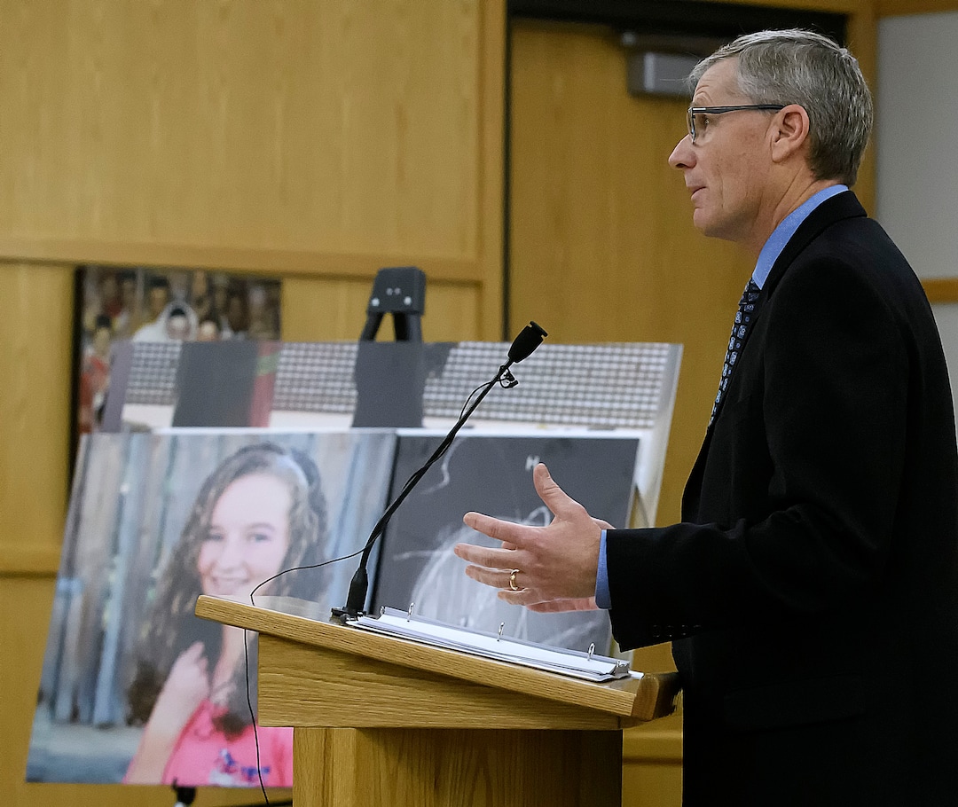 (Eli Lucero  |  Pool Photo)  Prosecuting attorney James Swink speaks during Jayzon Decker's sentencing hearing for attempted aggravated murder and obstructing justice, Wednesday, Feb. 7, 2018, in Logan, Utah. Decker received a sentence of 15 years to life for planning and being present at the shooting of Deserae Turner in February 2017, and leaving her for dead in a dry irrigation canal in Smithfield, Utah.