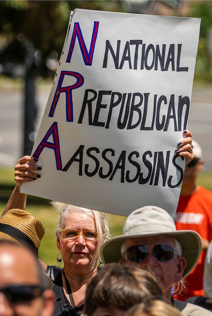 (Leah Hogsten | The Salt Lake Tribune) Hundreds of Utahns marched from West High School to the Capitol, Saturday, June 11, 2022, during the March For Our Lives SLC event. The march is in response to the most recent shootings in Uvalde, Buffalo and Tulsa to demand action from Utah legislators and congressmen to enact gun safety laws.