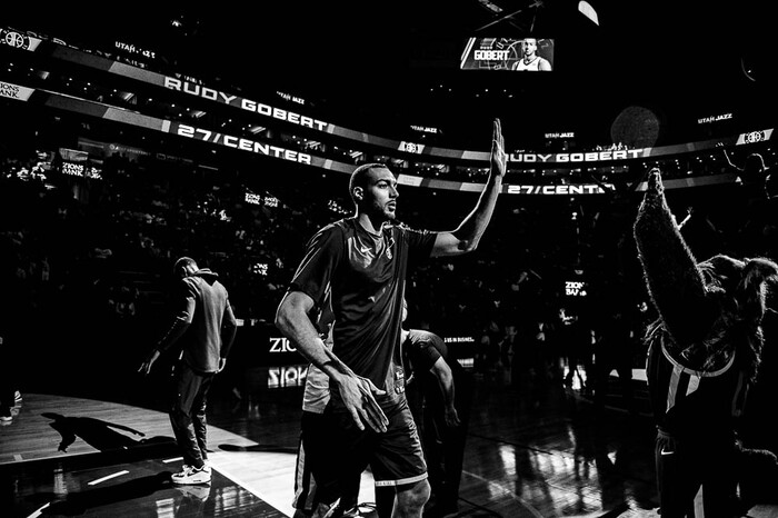 (Trent Nelson | The Salt Lake Tribune)  as the Utah Jazz host the Portland Trail Blazers, NBA basketball in Salt Lake City, Wednesday November 1, 2017. Utah Jazz center Rudy Gobert (27), jazz bear