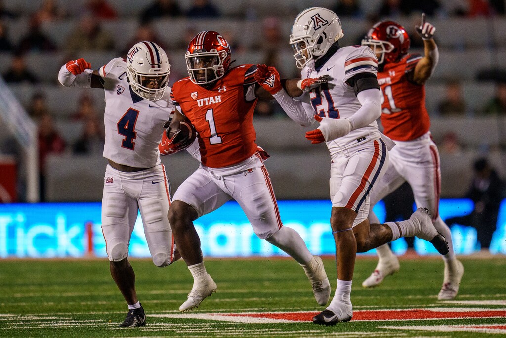 (Trent Nelson  |  The Salt Lake Tribune) Utah Utes running back Jaylon Glover (1) runs the ball as the University of Utah hosts Arizona, NCAA football in Salt Lake City on Saturday, Nov. 5, 2022.