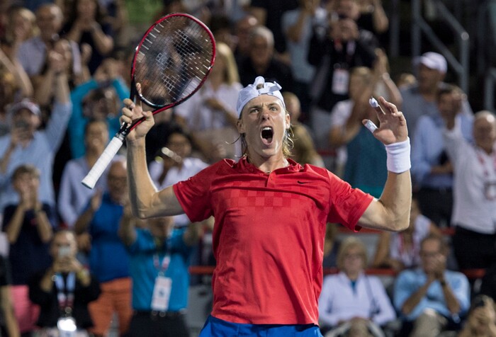 Denis Shapovalov, of Canada celebrates, after defeating Adrian Mannarino, of France, during the quarterfinals at the Rogers Cup tennis tournament Friday, Aug. 11, 2017, in Montreal. (Paul Chiasson/The Canadian Press via AP)