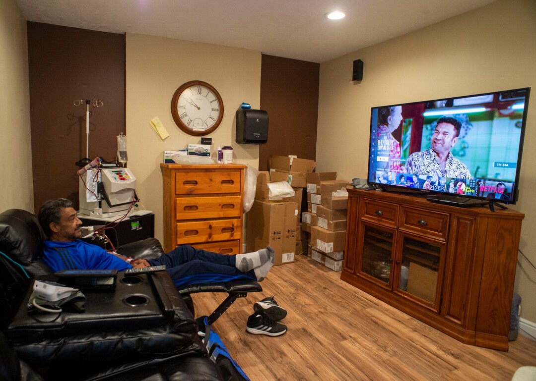(Rick Egan  |  The Salt Lake Tribune)     Raul Gutierrez goes through the steps to setup his machine, as an in-home dialysis patient. Thursday, Sept. 5, 2019.