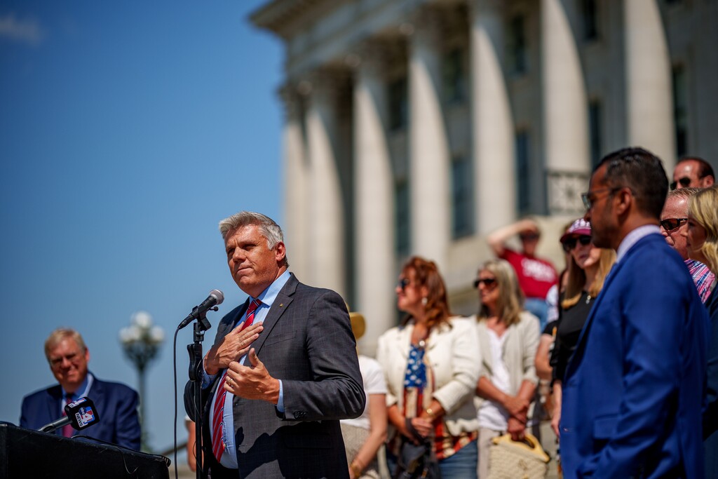 (Trent Nelson  |  The Salt Lake Tribune) Phil Lyman announces a lawsuit to gain access to Utah voting records at a news conference at the Utah Capitol in Salt Lake City on Friday, June 6, 2025.