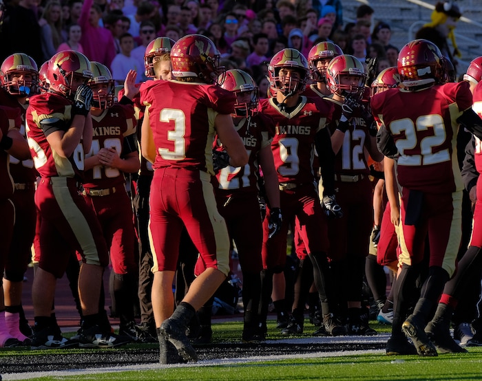 (Leah Hogsten  |  The Salt Lake Tribune) Viewmont celebrates a turnover. Jordan High School boys' football team defeated Viewmont High School 28-20 during their class 5A football playoff opener, Friday, October 27, 2017 in Bountiful.